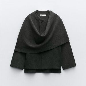 ZARA CROP KNIT COAT WITH ASYMMETRICAL SCARF - WOOL JACKET - SHORT CAPE COAT